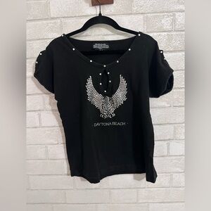 Women Biker Moto T-shirt  Size Large Daytona Beach Rhinestone Studded Eagle 0035